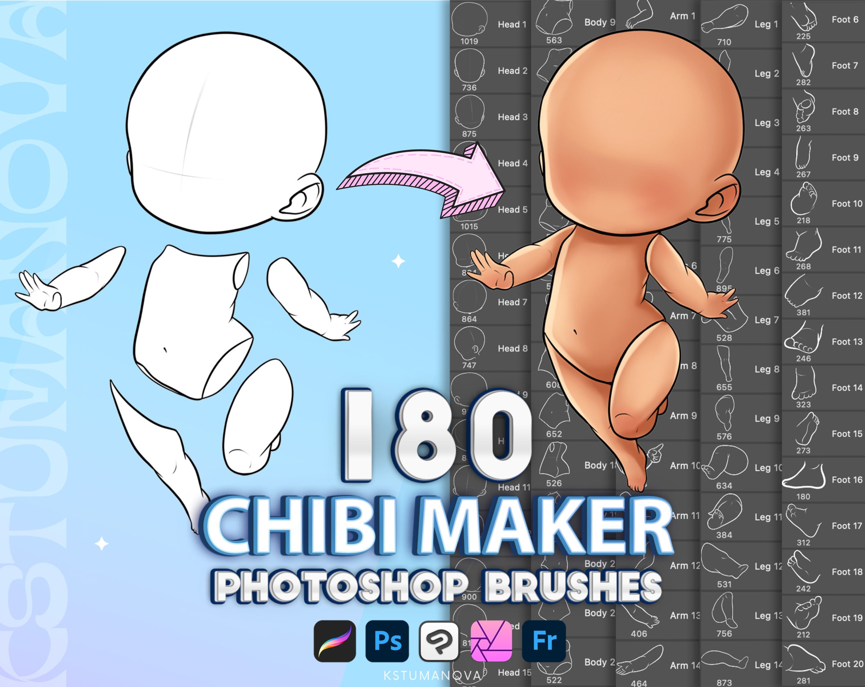 Pacote de Pincéis Chibi Maker para Photoshop – 180 Carimbos de Poses Anime para Procreate, CSP e Affinity