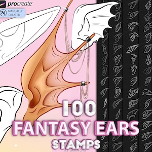 May include: 100 Fantasy Ears Stamps, a digital art product for artists and designers. The image shows a variety of ear shapes, including pointed, rounded, and elven ears. The ears are drawn in a simple, clean style and are perfect for adding a touch of fantasy to your artwork.