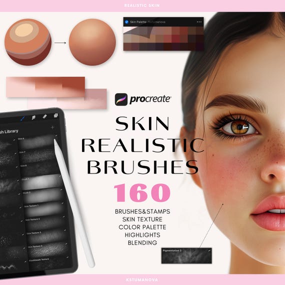 Procreate realistic skin brushes stamps. Procreate texture, blending smudge digital brush, tone color palette
