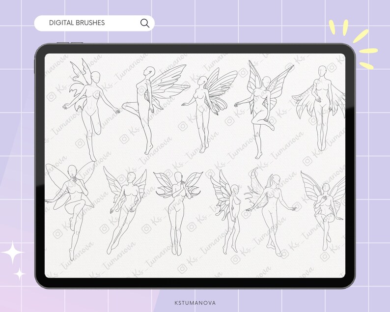 Procreate brushes. Fairies stamps. Procreate sketch realistic poses brushes. Full-body guide stamps image 3