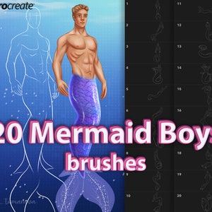 Procreate poses brushes. Procreate male mermaid stamps. Realistic poses