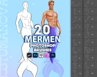 Pincéis para meninos sereias no Photoshop. Pincéis para poses de sereias no Photoshop. Carimbos para homens no Procreate. Pincéis digitais. Fresco, Clip Studio Paint, Affinity