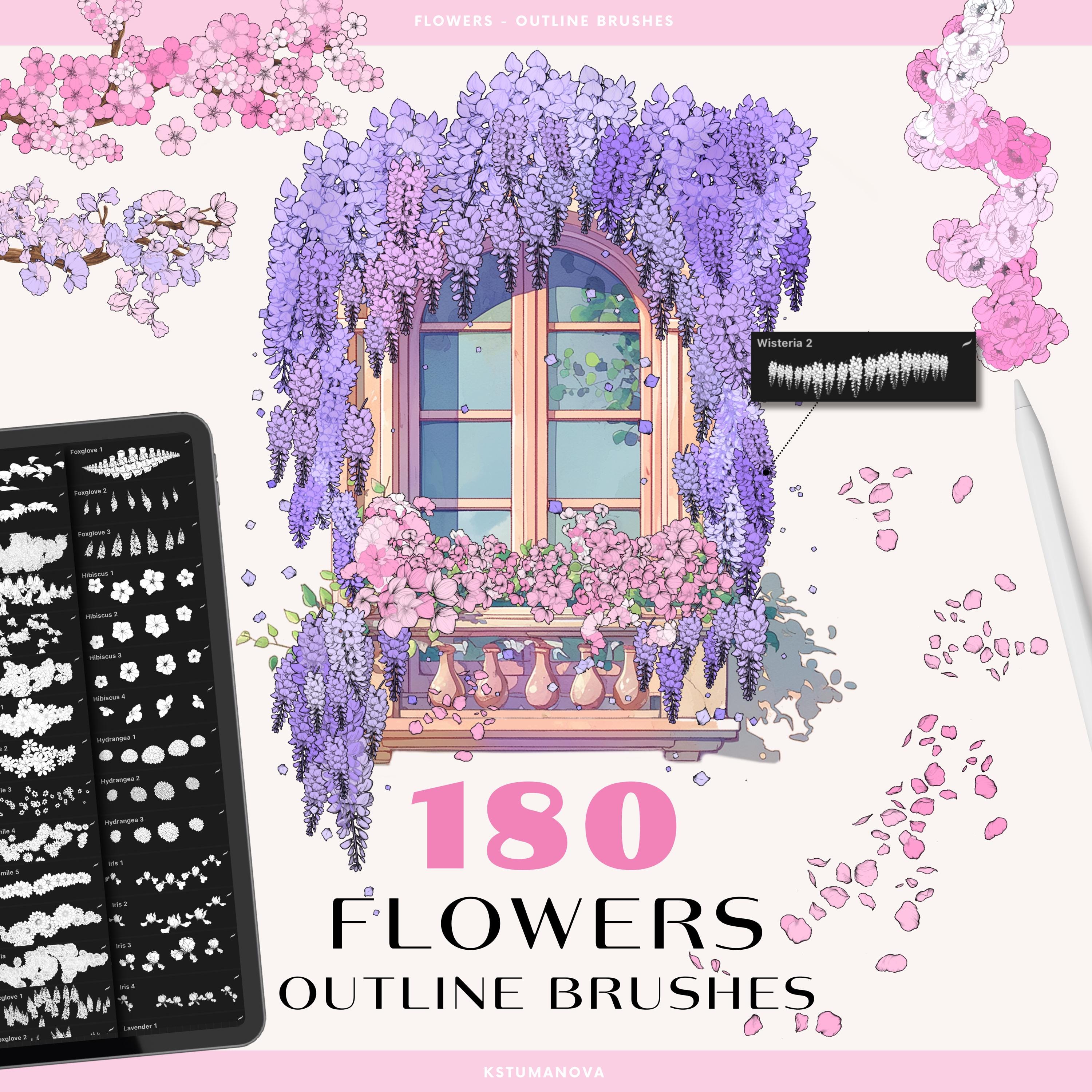 Set de pinceles de contorno de flores para Procreate – 180 sellos florales y pinceles duales Blossom para paisajes anime
