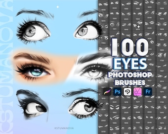 Könnte beinhalten: Ein Set mit 100 digitalen Augenpinseln für Photoshop. Die Pinsel wurden entwickelt, um realistische und ausdrucksstarke Augen zu erstellen. Das Bild zeigt Beispiele für die Verwendung der Pinsel mit verschiedenen Augenformen und -stilen.
