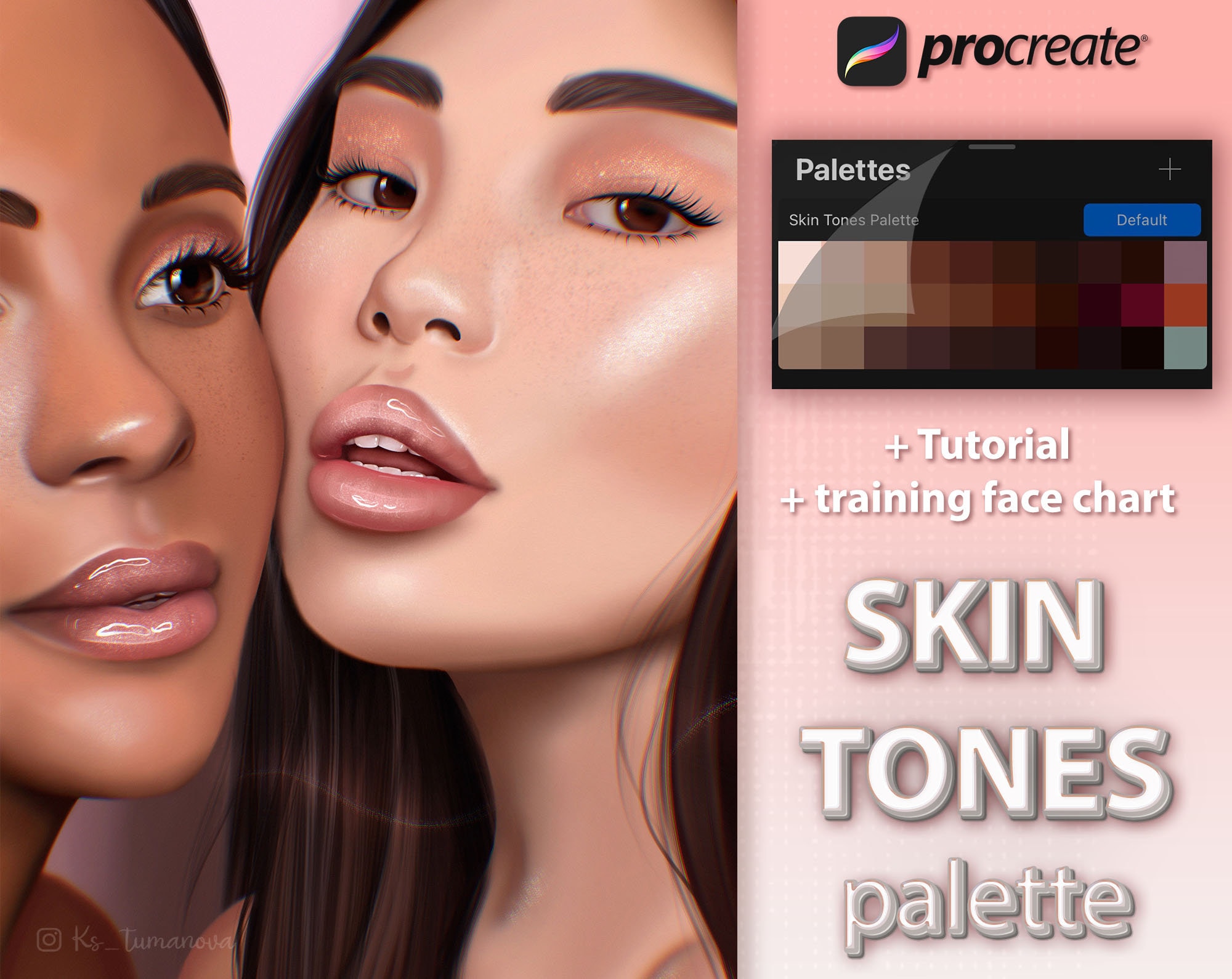Procreate Skin Tones Palette – 30 Realistic Portrait Color Swatches + Face Chart & Tutorial - Image 1