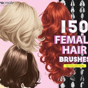 May include: A set of 150 digital hair brushes for use in digital art programs. The brushes are designed to create realistic-looking hair in a variety of styles. The image shows three examples of hair styles created with the brushes: a blonde bob, a red curly hairstyle, and a brown wavy hairstyle. The image also shows a grid of thumbnails of the different brushes included in the set.