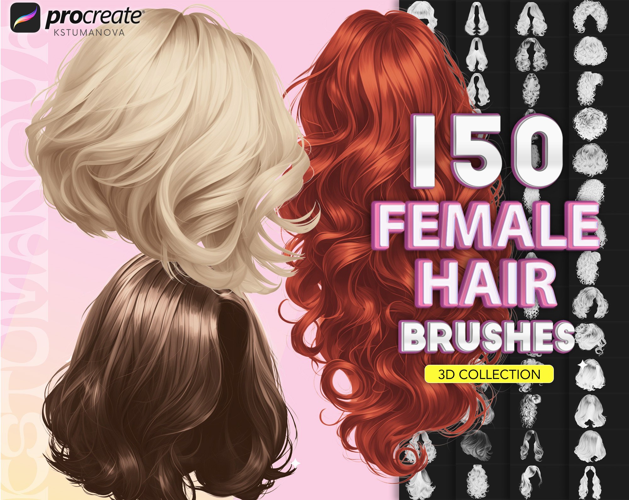 Procreate Hair Brushes Set – 150 Realistic 3D Hairstyle Stamps for iPad (Braids, Dreads, Ponytails, Short & Long)