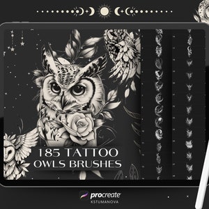 May include: A digital illustration of an owl with a rose and leaves. The image is on a black background and includes the text "185 Tattoo Owls Brushes".