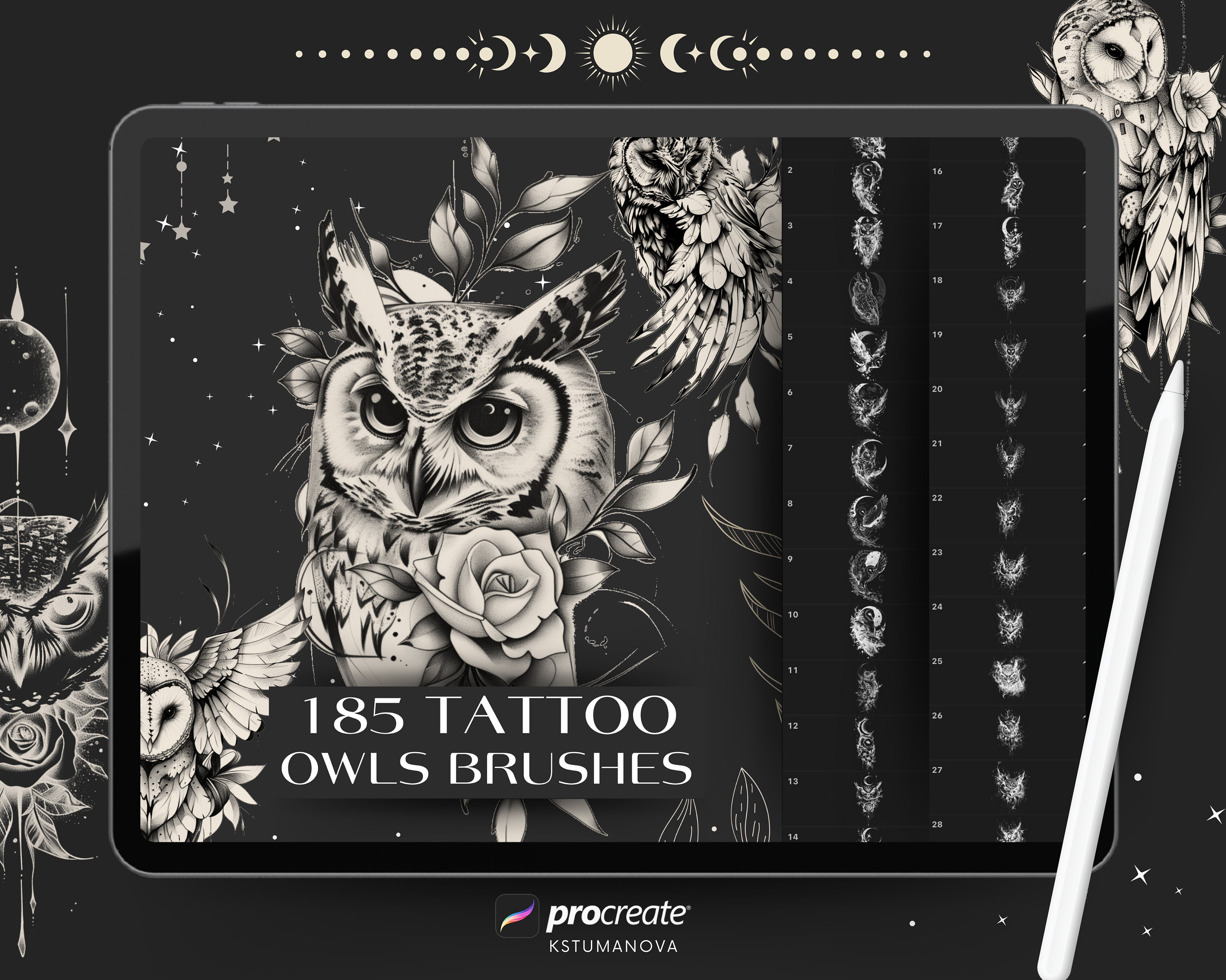 Procreate tattoo owls brushes. Procreate dotwork tattoo stamps. Procreate stipple shading, sketch gr