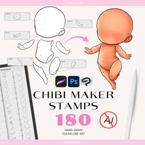Puede incluir: Ilustración de arte digital con un personaje chibi y partes del cuerpo, con el texto "CHIBI MAKER STAMPS 180". La imagen incluye una tableta con una biblioteca de pinceles y los logotipos de Procreate, Photoshop y un signo de interrogación.