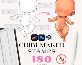 Könnte beinhalten: Digitale Illustration mit einem Chibi-Charakter und Körperteilen, mit dem Text "CHIBI MAKER STAMPS 180". Das Bild enthält ein Tablet mit einer Pinselbibliothek und die Logos für Procreate, Photoshop und ein Fragezeichen.