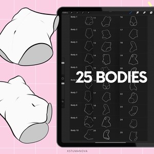 Op de afbeelding: Digitale illustratie van 25 lichaamshoudingen weergegeven op een tabletscherm. De tablet staat op een roze achtergrond met twee witte torso-tekeningen. De tekst "25 BODIES" wordt op het scherm weergegeven.