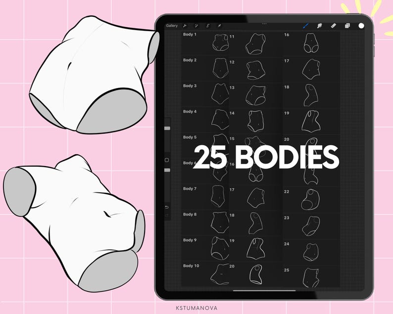 Op de afbeelding: Digitale illustratie van 25 lichaamshoudingen weergegeven op een tabletscherm. De tablet staat op een roze achtergrond met twee witte torso-tekeningen. De tekst "25 BODIES" wordt op het scherm weergegeven.