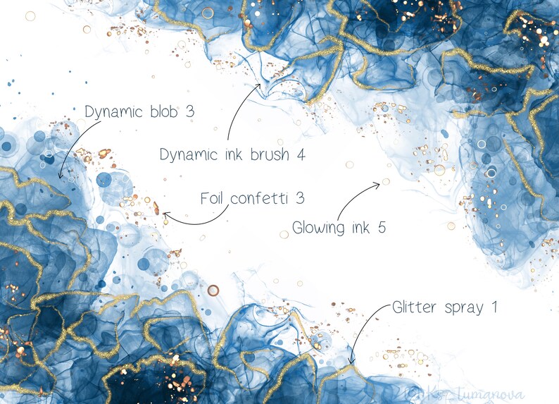 May include: Abstract blue and gold watercolor background with gold foil confetti, dynamic ink brush strokes, and glowing ink splatters.