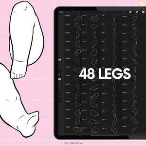 Op de afbeelding: Digitale illustratie van twee witte benen en voeten, en een tablet met 48 beenschetsen. Het tabletscherm toont diverse beenposities, genummerd. De tekst "48 LEGS" is duidelijk zichtbaar.