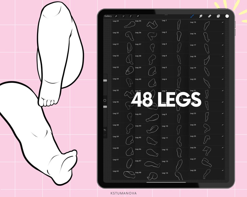 Op de afbeelding: Digitale illustratie van twee witte benen en voeten, en een tablet met 48 beenschetsen. Het tabletscherm toont diverse beenposities, genummerd. De tekst "48 LEGS" is duidelijk zichtbaar.