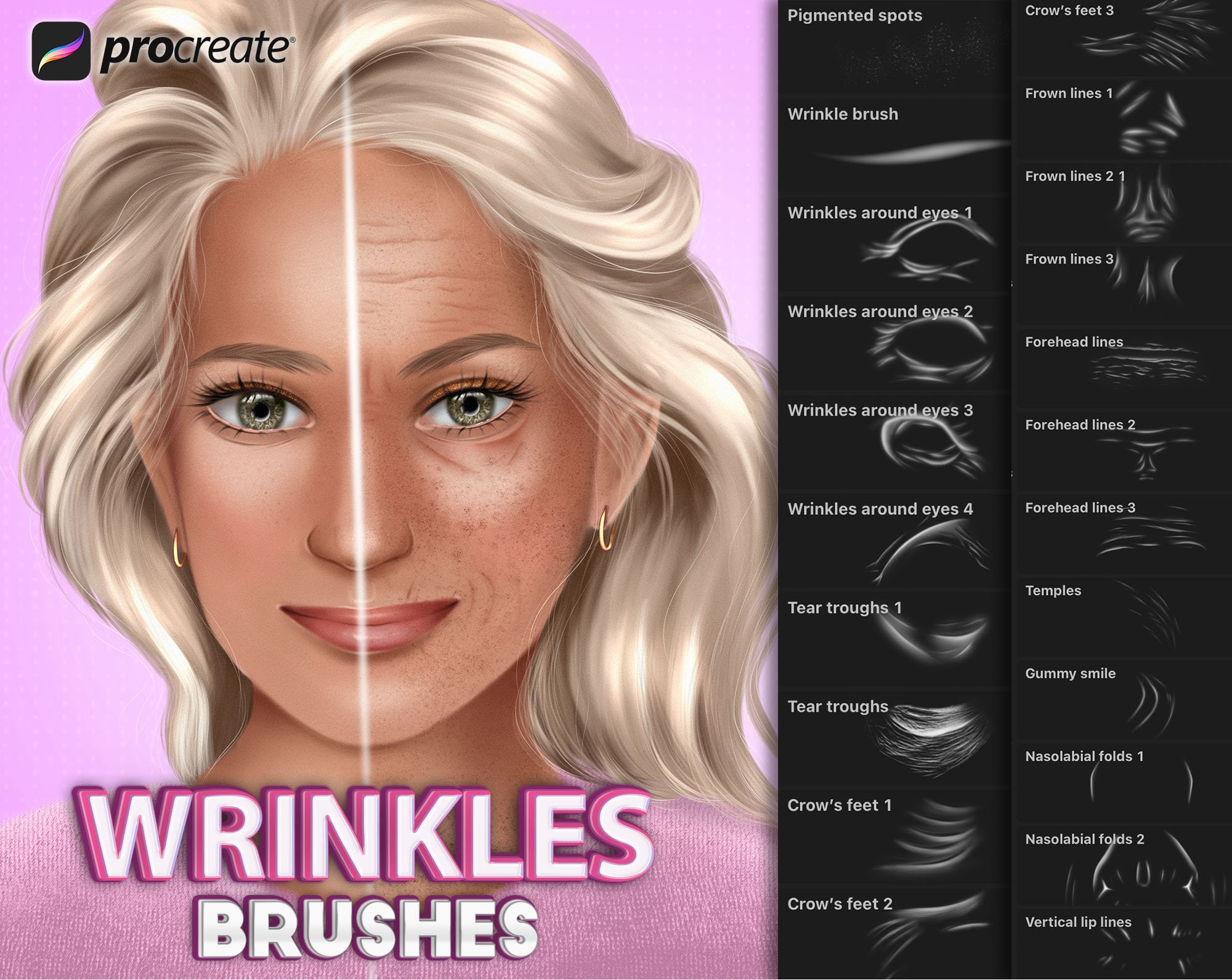 Procreate wrinkles brushes. Procreate old skin brushes. Procreate portrait stamps