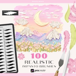 May include: Image of digital art supplies, including a tablet displaying brush strokes, a palette knife, and a stylus. The image features a pastel landscape with a crescent moon, clouds, and the text "100 Realistic Impasto Brushes" for Procreate.