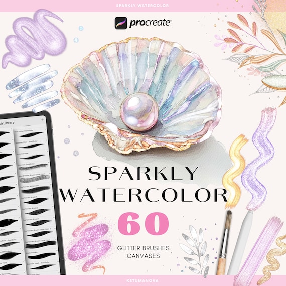 Procreate sparkly watercolor brushes. Procreate glitter, shimmer, pearl, foil, glow liquid metallic brushes. Procreate paper texture canvas