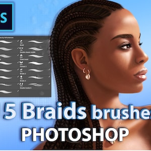 Könnte beinhalten: Eine digitale Illustration einer Frau mit geflochtenen Haaren. Das Bild ist eine Werbegrafik für einen Satz von 15 Photoshop-Pinseln zum Erstellen von Zöpfen. Der Text "15 Braids brushes PHOTOSHOP" wird in blauen und weißen Buchstaben angezeigt.