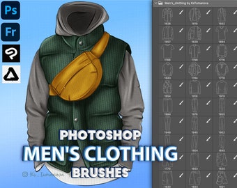 May include: Photoshop Men's Clothing Brushes, a digital art resource featuring a variety of clothing items, including shirts, pants, jackets, and accessories. The image shows a man wearing a green puffer vest with a yellow fanny pack.