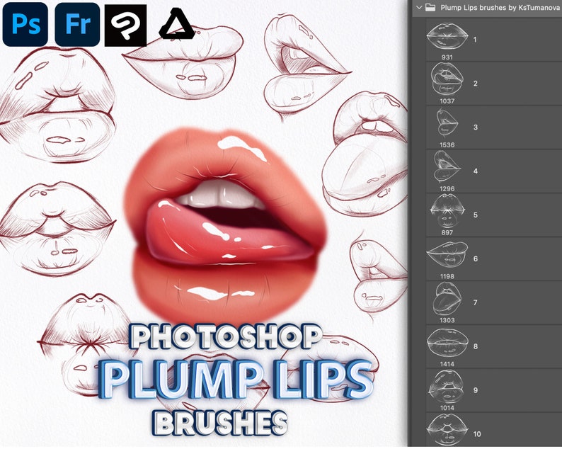 May include: A set of 10 Photoshop brushes for creating plump lips. The brushes are shown in various styles, including outlined, shaded, and glossy. The text "PHOTOSHOP PLUMP LIPS BRUSHES" is displayed in a bold, colorful font.
