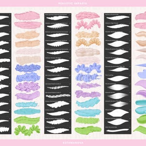 May include: A digital art guide showcasing various brushstroke styles. The image displays a grid of brushstroke examples in diverse colors, including pink, blue, and green, with descriptive labels for each style. The text "REALISTIC IMPASTO" and "KSTUMANOVA" are visible.