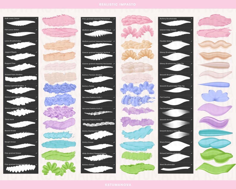 May include: A digital art guide showcasing various brushstroke styles. The image displays a grid of brushstroke examples in diverse colors, including pink, blue, and green, with descriptive labels for each style. The text "REALISTIC IMPASTO" and "KSTUMANOVA" are visible.