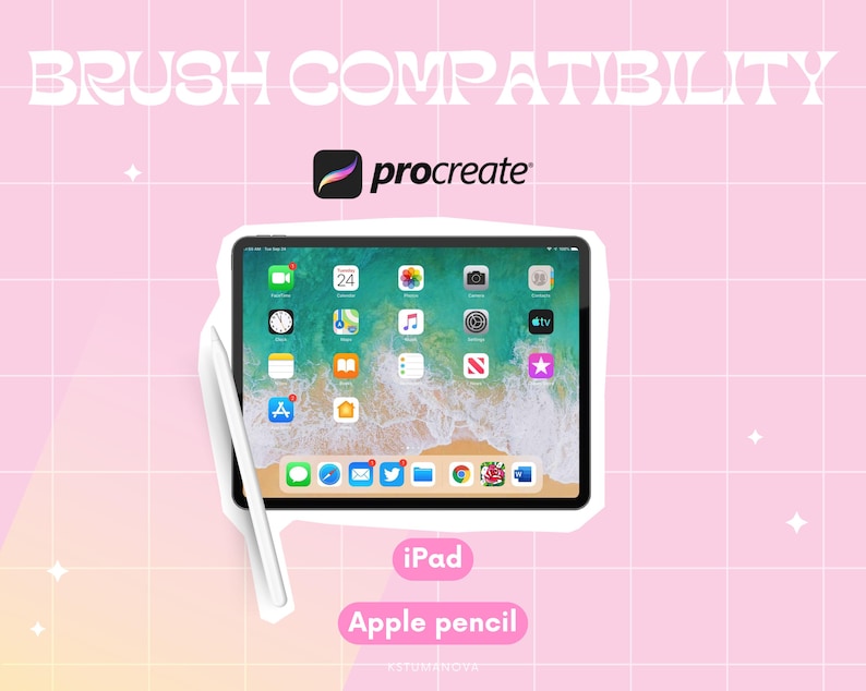 Op de afbeelding: Een witte iPad met de Procreate-app geopend op het scherm. De iPad staat op een roze achtergrond met een witte Apple Pencil ernaast. De tekst "BRUSH COMPATIBILITY" staat bovenaan de afbeelding en de tekst "iPad" en "Apple Pencil" staan onderaan de afbeelding.