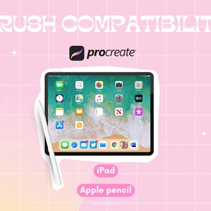 May include: A white iPad with the Procreate app open on the screen. The iPad is on a pink background with a white Apple Pencil next to it. The text "BRUSH COMPATIBILITY" is at the top of the image and the text "iPad" and "Apple Pencil" are below the iPad.