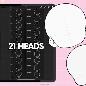 Op de afbeelding: Digitale kunsttutorial met 21 hoofdschetsen op een tabletscherm. De tablet toont verschillende hoofdwinkels en -stijlen, met de tekst "21 HEADS" in het wit. Twee extra hoofdschetsen worden op de voorgrond getoond, tegen een roze achtergrond.