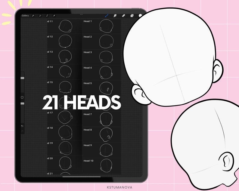 Op de afbeelding: Digitale kunsttutorial met 21 hoofdschetsen op een tabletscherm. De tablet toont verschillende hoofdwinkels en -stijlen, met de tekst "21 HEADS" in het wit. Twee extra hoofdschetsen worden op de voorgrond getoond, tegen een roze achtergrond.