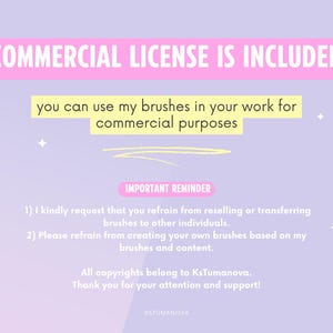 May include: A digital art graphic with text that reads "COMMERCIAL LICENSE IS INCLUDED". The text also states that the brushes can be used for commercial purposes. Additional text provides usage guidelines and copyright information.