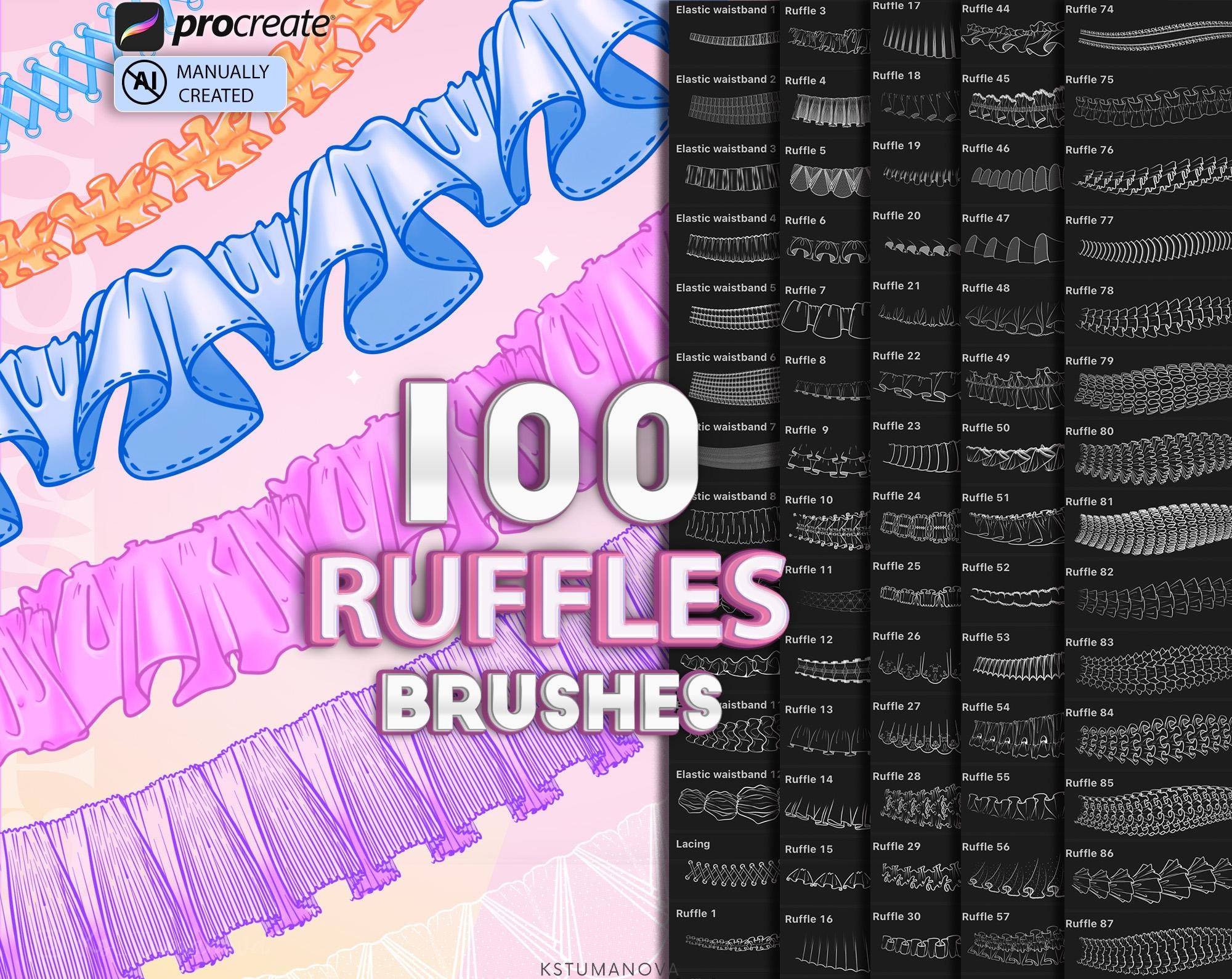 Set de pinceles Procreate Pliegues y Volantes – 100 sellos de moda para ropa en iPad
