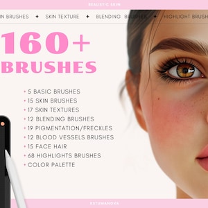 May include: A digital illustration of a woman's face with realistic skin tones. The image is used to advertise a set of 160+ digital brushes for creating realistic skin in digital art. The text "160+ Brushes" is displayed in pink on a white background. The text lists the different types of brushes included in the set, such as basic brushes, skin brushes, skin textures, blending brushes, pigmentation/freckles, blood vessels brushes, face hair, highlights brushes, and a color palette.