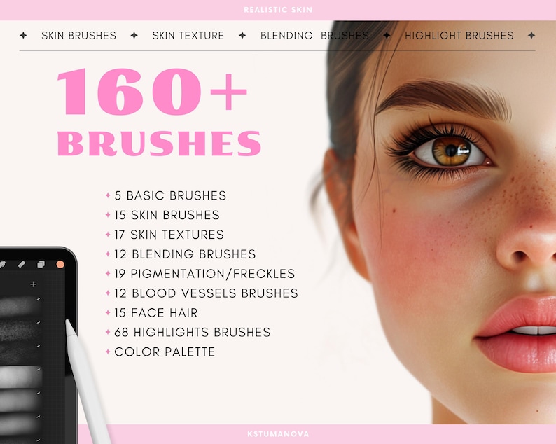 May include: A digital illustration of a woman's face with realistic skin tones. The image is used to advertise a set of 160+ digital brushes for creating realistic skin in digital art. The text "160+ Brushes" is displayed in pink on a white background. The text lists the different types of brushes included in the set, such as basic brushes, skin brushes, skin textures, blending brushes, pigmentation/freckles, blood vessels brushes, face hair, highlights brushes, and a color palette.