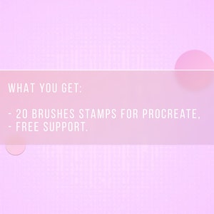 May include: A pink and white digital illustration with a text box that says "WHAT YOU GET: - 20 BRUSHES STAMPS FOR PROCREATE, - FREE SUPPORT."