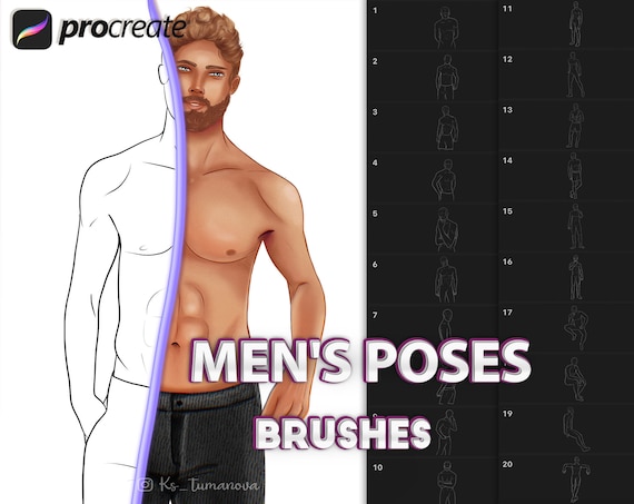 Procreate male body poses brushes. Procreate realistic full-body, half-body guide stamps