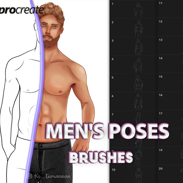 El cuerpo masculino procreado posa pinceles. Procrear sellos guía realistas de cuerpo completo y medio cuerpo
