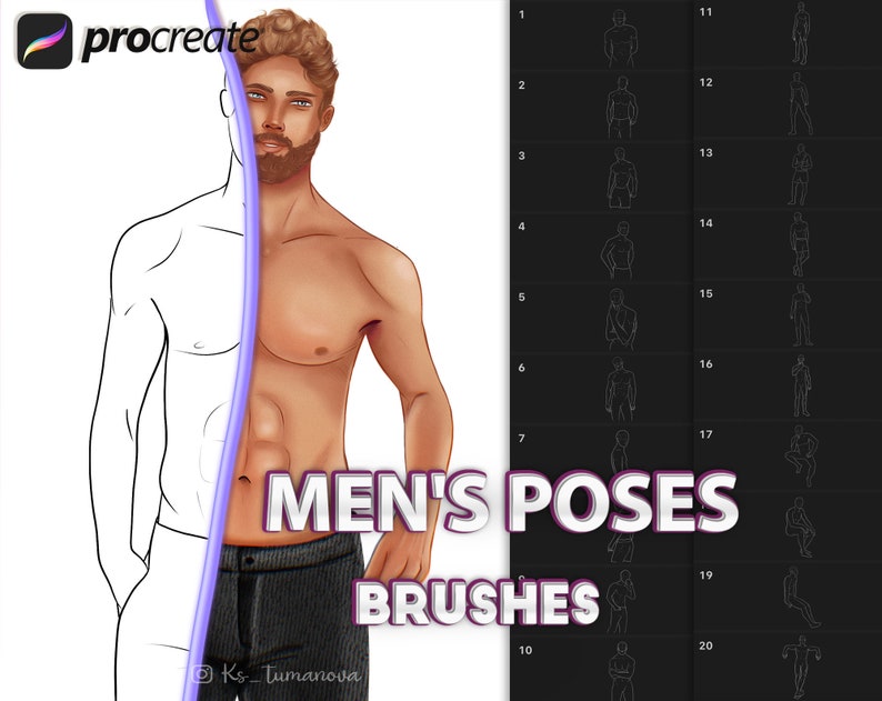 May include: A digital illustration of 20 different male poses for artists. The poses are outlined in black and white and are numbered 1 through 20. The text "MEN'S POSES BRUSHES" is in the centre of the image.