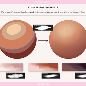 May include: A digital illustration showing how to blend colors using 12 blending brushes. The image shows a sphere with a gradient of orange, brown, and red colors. The sphere is blended using the brushes to create a smooth, realistic skin tone. The text "12 BLENDING BRUSHES" is displayed above the image.