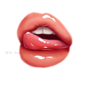 May include: Close-up of a pair of glossy red lips with a tongue sticking out.