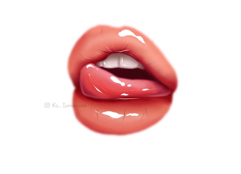 May include: Close-up of a pair of glossy red lips with a tongue sticking out.