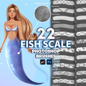 Puede incluir: Ilustración digital de una sirena con cabello rubio y cola azul, que promociona 22 pinceles de Photoshop de escamas de pescado. El texto dice "FISH SCALE PHOTOSHOP BRUSHES" e incluye los logotipos de Photoshop y Procreate.