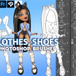 Photoshop Doll outfits brushes. Photoshop clothes, pose, shoes brushes. Digital brushes for Clip Studio Paint, Fresco, Affinity Photo