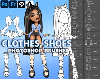 Photoshop Doll stattet Pinsel aus. Photoshop-Kleidung, Pose, Schuhpinsel. Digitale Pinsel für Clip Studio Paint, Fresco, Affinity Photo