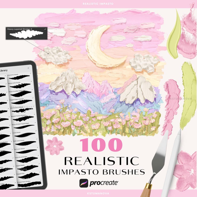 May include: Digital art supplies image featuring a tablet displaying brush strokes, a palette knife, and a stylus. The background showcases a pastel landscape with a moon, mountains, and flowers. The text reads "100 Realistic Impasto Brushes."
