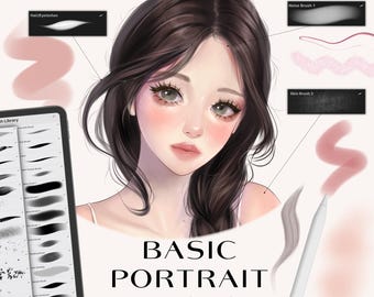 May include: A digital illustration of a woman's face with long brown hair. The image is surrounded by a variety of brushes for the Procreate app, including brushes for hair, eyelashes, skin, and noise. The text "BASIC PORTRAIT BRUSHES" is displayed at the bottom of the image.