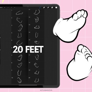 Op de afbeelding: Digitale kunst op een tablet met 20 omtrek tekeningen van voeten. Twee grote voeten in cartoonstijl worden getoond op een roze achtergrond. De tekst "20 FEET" staat op het tabletscherm.