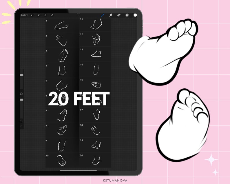 Op de afbeelding: Digitale kunst op een tablet met 20 omtrek tekeningen van voeten. Twee grote voeten in cartoonstijl worden getoond op een roze achtergrond. De tekst "20 FEET" staat op het tabletscherm.